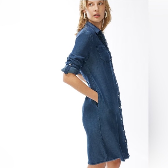 NWT Chico’s Tencel Fray Shirt Dress Raw Hem Button Front Marina Bay Indigo 20 - Picture 1 of 10